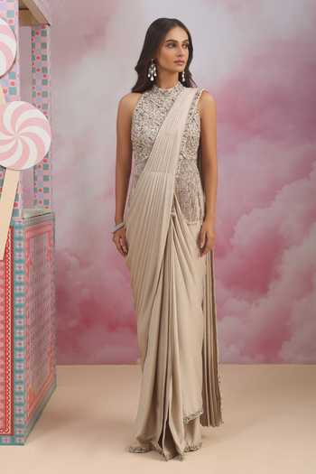 Buy_Rishi And Soujit_Grey Jacquard Halter Neck Pre-draped Saree With Embroidered Blouse _at_Aza_Fashions