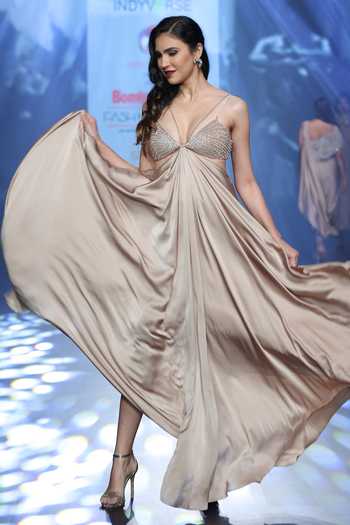 Buy_Babita M_Beige Satin Beads, Crystals V-neck Embellished Maxi Dress _at_Aza_Fashions