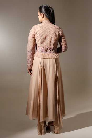 Shop_K-Anshika_Beige Georgette, Net Mandarin Collar Embroidered Jacket And Dress Set _at_Aza_Fashions