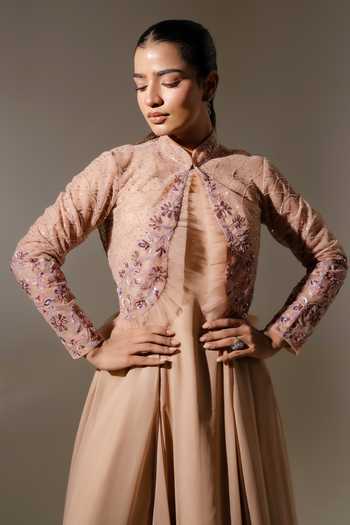 K-Anshika_Beige Georgette, Net Mandarin Collar Embroidered Jacket And Dress Set _Online_at_Aza_Fashions