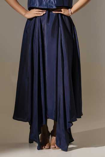 K-Anshika_Blue Silk, Crepe, Viscose Open , Round Cropped Jacket With Flared Dress _Online_at_Aza_Fashions