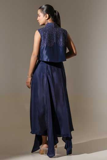 Shop_K-Anshika_Blue Silk, Crepe, Viscose Open , Round Cropped Jacket With Flared Dress _at_Aza_Fashions