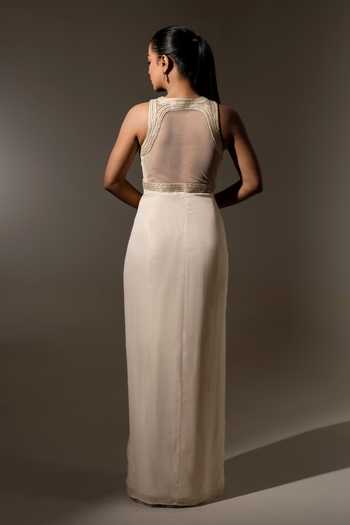 Shop_K-Anshika_Ivory Georgette, Net Beads Halter , Keyhole Draped Gown _at_Aza_Fashions
