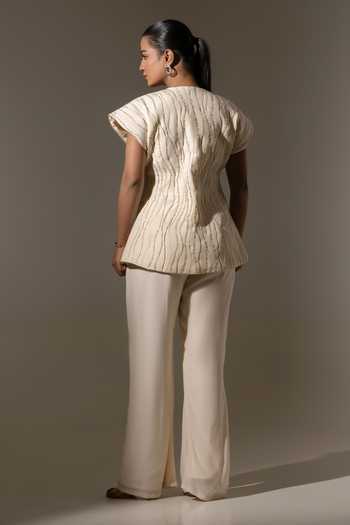 Shop_K-Anshika_Off White Crepe V-neck Embroidered Jacket And Pant Set _at_Aza_Fashions