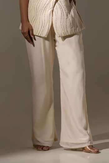 K-Anshika_Off White Crepe V-neck Embroidered Jacket And Pant Set _Online_at_Aza_Fashions