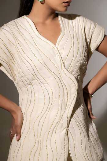 Buy_K-Anshika_Off White Crepe V-neck Embroidered Jacket And Pant Set _Online_at_Aza_Fashions