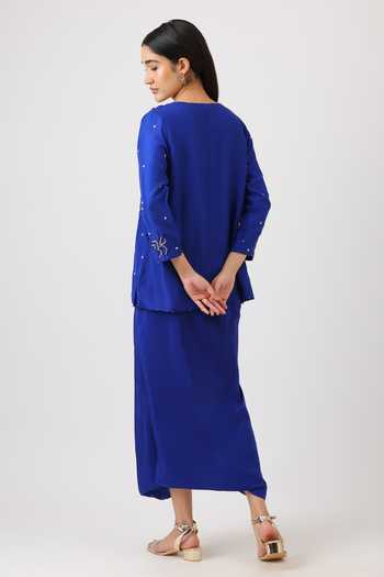 Shop_Vidushi Gupta_Blue Silk Embroidery, Pearls, Cut Work, Tassels, Hand Kurta And Draped Skirt Set _at_Aza_Fashions