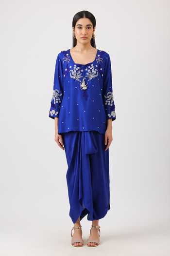 Buy_Vidushi Gupta_Blue Silk Embroidery, Pearls, Cut Work, Tassels, Hand Kurta And Draped Skirt Set _Online_at_Aza_Fashions
