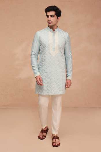 Manish Nagdeo_Blue Silk Embroidered Kurta Set _at_Aza_Fashions