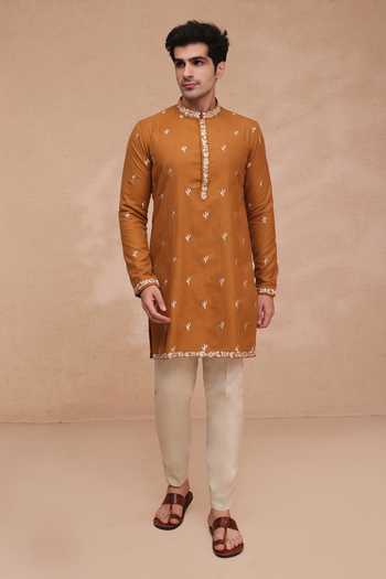 Buy_Manish Nagdeo_Yellow Silk Embroidered Kurta And Pant Set _Online_at_Aza_Fashions