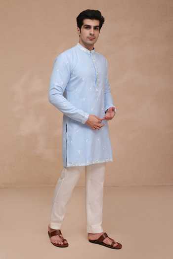 Buy_Manish Nagdeo_Blue Silk Cactus Motif Kurta And Pant Set _Online_at_Aza_Fashions