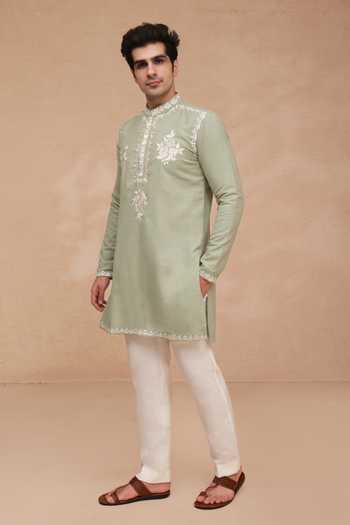 Manish Nagdeo_Green Silk Floral Placement Embroidered Kurta Set _at_Aza_Fashions
