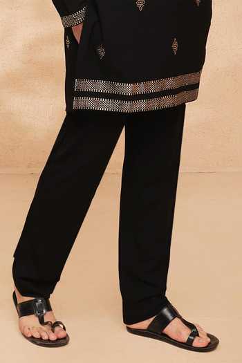 Manish Nagdeo_Black Viscose Foil Work Kurta And Pant Set _Online_at_Aza_Fashions