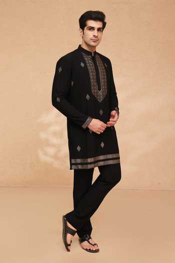 Buy_Manish Nagdeo_Black Viscose Foil Work Kurta And Pant Set _at_Aza_Fashions