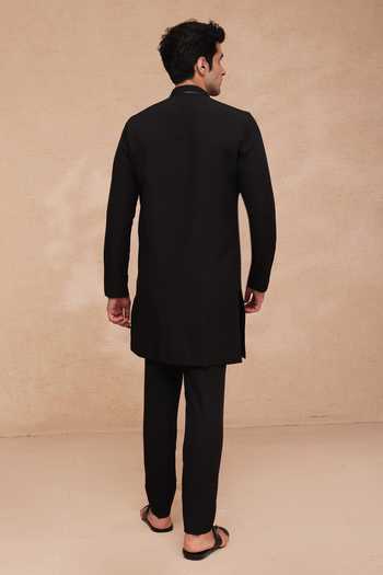 Shop_Manish Nagdeo_Black Lycra Asymmetric Panelled Kurta And Pant Set _at_Aza_Fashions