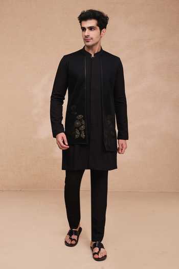 Buy_Manish Nagdeo_Black Lycra Asymmetric Panelled Kurta And Pant Set 
