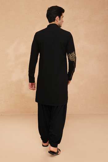 Shop_Manish Nagdeo_Black Viscose, Acrylic Placement Printed Kurta And Salwar Set _at_Aza_Fashions