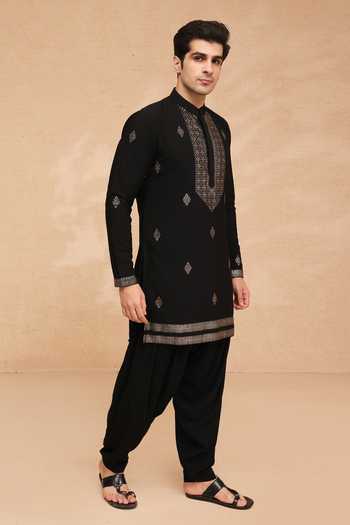 Manish Nagdeo_Black Viscose Printed Kurta And Salwar Set _at_Aza_Fashions