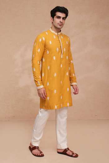 Shop_Manish Nagdeo_Yellow Silk Embroidered Ruby Kurta And Pant Set _Online_at_Aza_Fashions