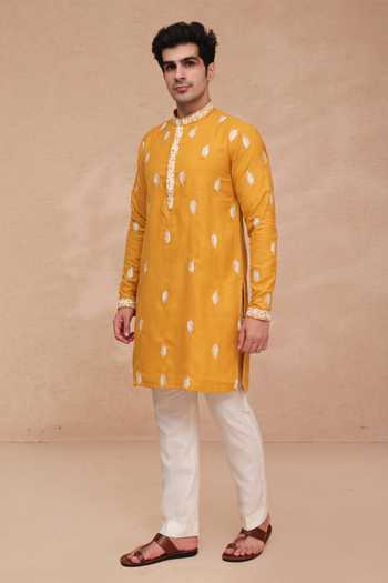 Manish Nagdeo_Yellow Silk Embroidered Ruby Kurta And Pant Set _at_Aza_Fashions