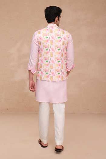 Shop_Manish Nagdeo_Pink Silk Printed Art Nehru Jacket Set _at_Aza_Fashions