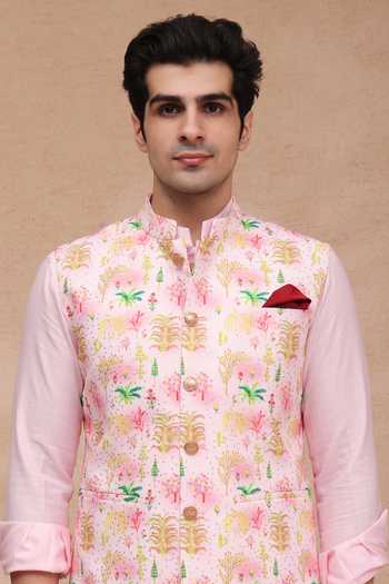 Shop_Manish Nagdeo_Pink Silk Printed Art Nehru Jacket Set 