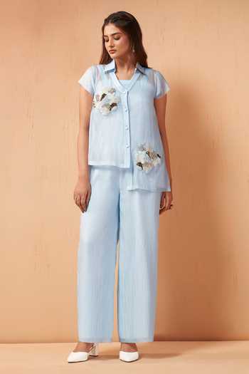 Buy_Savaaya_Blue Tissue Collared Neck Pearl Embroidered Shirt And Pant Set _at_Aza_Fashions