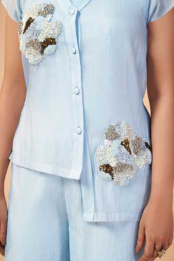 Shop_Savaaya_Blue Tissue Collared Neck Pearl Embroidered Shirt And Pant Set _Online_at_Aza_Fashions
