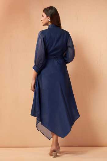 Shop_Savaaya_Blue Tissue Mandarin Collar Solis Handwork Shirt And Skirt Set _at_Aza_Fashions
