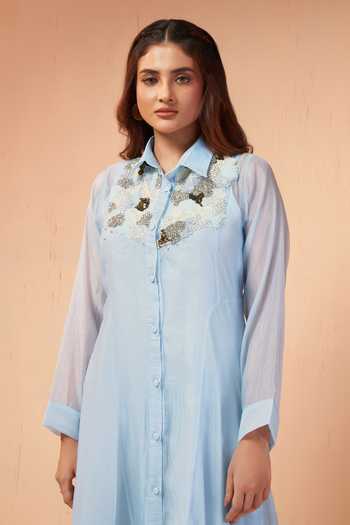 Savaaya_Blue Tissue Collared Neck Radiance Handwork Dress _Online_at_Aza_Fashions