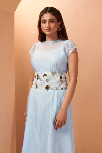 Buy_Savaaya_Sky Blue Tissue Round Neck Isla Handwork Dress _Online_at_Aza_Fashions