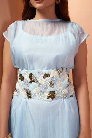 Shop_Savaaya_Sky Blue Tissue Round Neck Isla Handwork Dress _Online_at_Aza_Fashions