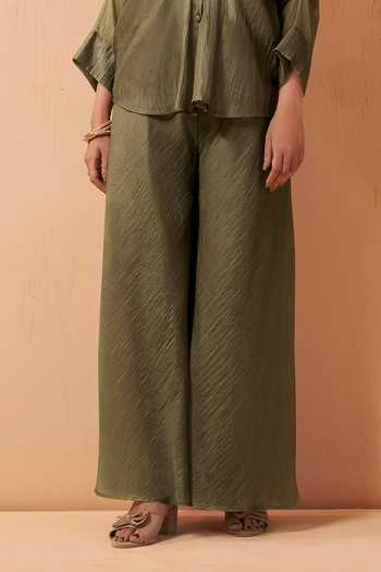 Savaaya_Olive Green Tissue Collared Neck Drift Handwork Shirt And Pant Set _Online_at_Aza_Fashions