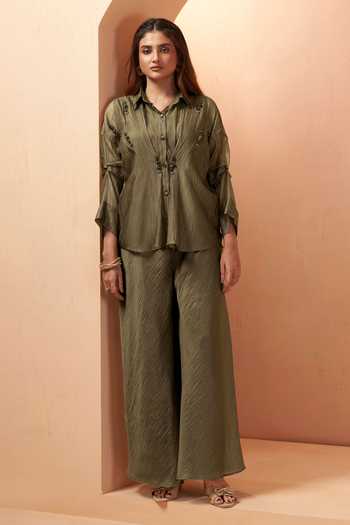 Shop_Savaaya_Olive Green Tissue Collared Neck Drift Handwork Shirt And Pant Set _at_Aza_Fashions