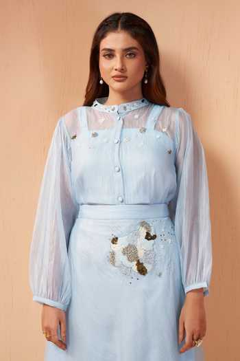 Savaaya_Blue Tissue High Neck Lumen Handwork Skirt Set _at_Aza_Fashions