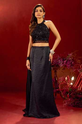 Samyukta Singhania_Black Silk Halter Neck Embroiderd Blouse Lehenga Set 