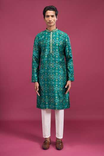 Shop_Aryavir Malhotra_Green Cotton, Polyester Geometric Pattern Kurta And Pyjama Set _Online_at_Aza_Fashions