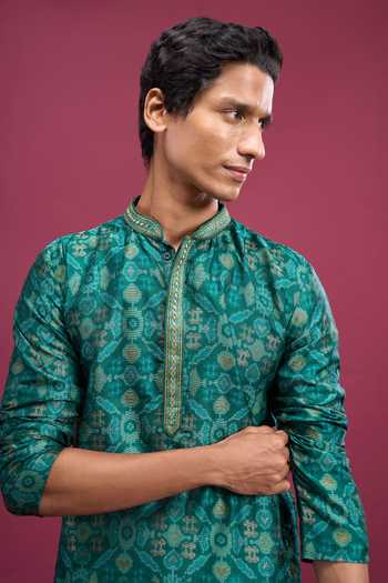 Buy_Aryavir Malhotra_Green Cotton, Polyester Geometric Pattern Kurta And Pyjama Set 