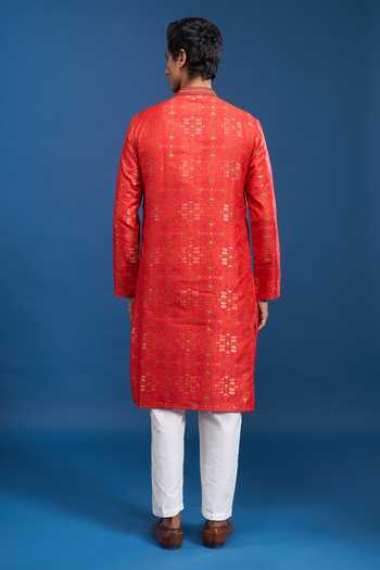 Aryavir Malhotra_Red Polyester, Cotton Geometric Woven Kurta Set _Online_at_Aza_Fashions