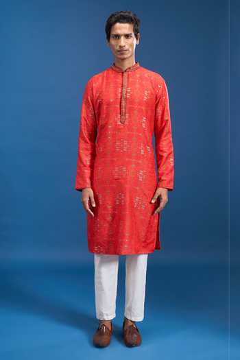 Aryavir Malhotra_Red Polyester, Cotton Geometric Woven Kurta Set _Online