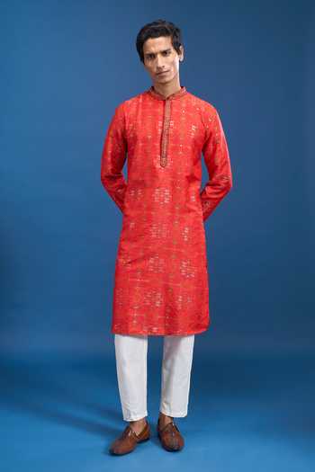 Buy_Aryavir Malhotra_Red Polyester, Cotton Geometric Woven Kurta Set _at_Aza_Fashions