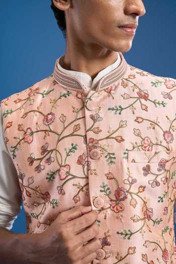 Buy_Aryavir Malhotra_Pink Silk Embroidery Floral Bundi _Online_at_Aza_Fashions
