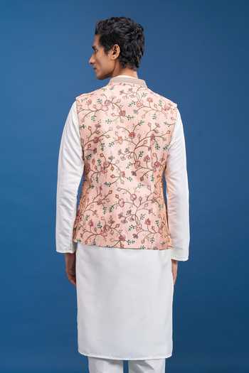 Aryavir Malhotra_Pink Silk Embroidery Floral Bundi _Online_at_Aza_Fashions