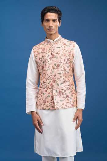 Buy_Aryavir Malhotra_Pink Silk Embroidery Floral Bundi 