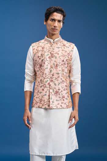 Shop_Aryavir Malhotra_Pink Silk Embroidery Floral Bundi 