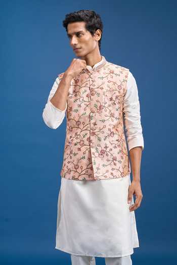 Aryavir Malhotra_Pink Silk Embroidery Floral Bundi _Online
