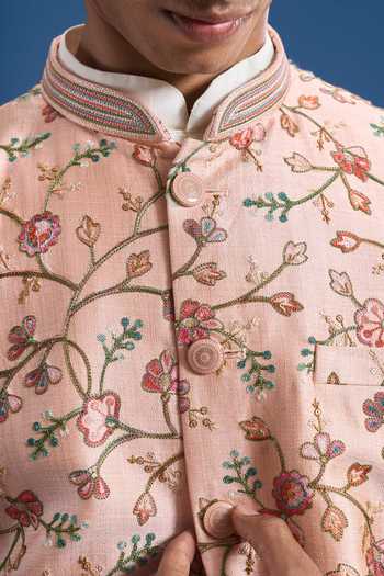 Buy_Aryavir Malhotra_Pink Silk Embroidery Floral Bundi _Online