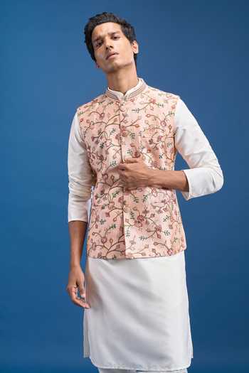 Shop_Aryavir Malhotra_Pink Silk Embroidery Floral Bundi _Online