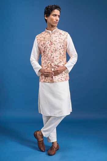 Aryavir Malhotra_Pink Silk Embroidery Floral Bundi 