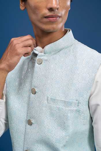 Buy_Aryavir Malhotra_Sky Blue Jacquard, Polyester Woven Bundi _Online